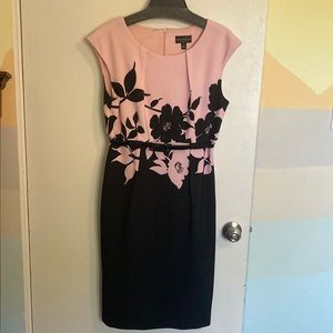 Midi Sheath Dress with Belt Pink and Black Floral